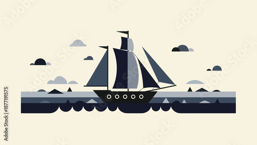 Sailing Ship on the Sea in Minimalist Geometric Style