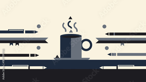 Creative Workspace: Coffee and Pens Flat Design