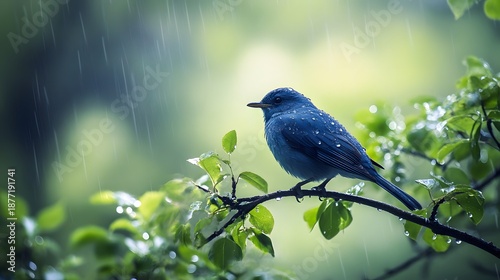 A small blue bird perched on a branch in a lush green forest with rain falling around it.