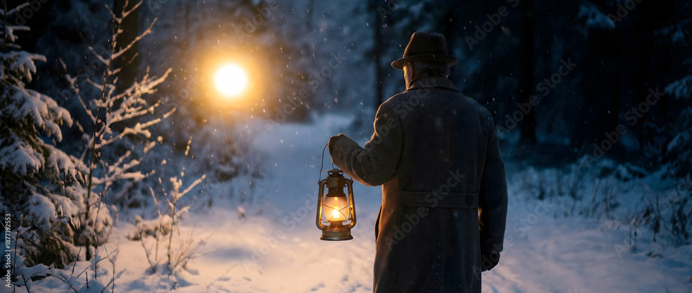 Fototapeta premium Mysterious man with vintage lantern walking in snowy forest towards glowing light. Cinematic winter night adventure concept