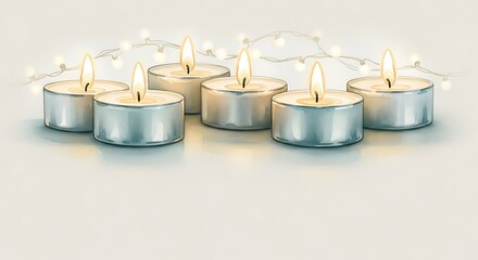 Six lit tea light candles with a string of fairy lights above