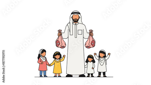 Eid al-Adha: Arab man giving meat to children