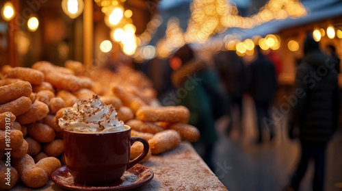 Fresh churros dusted with sugar are served with a cup of thick hot chocolate amid glowing Christmas market lights and blurred festive crowds. 
