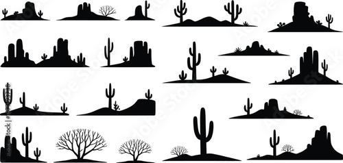 Desert landscape silhouettes set featuring cactus, rocks and dry trees, western arid scenery and wilderness nature icons collection illustration isolated on white background