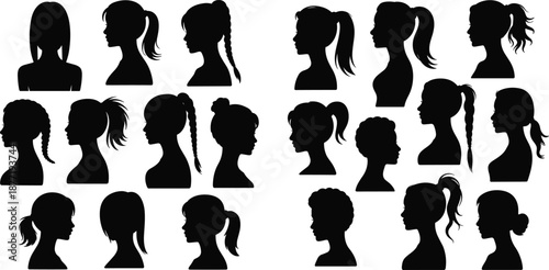 Black female profile silhouettes with diverse hairstyles including braids, buns, afros, and ponytails in grid layout for fashion and beauty illustration