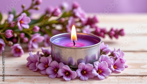 Beautiful purple candle surrounded by delicate pink flowers on wooden surface with soft purple background