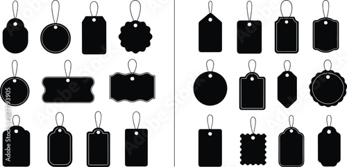 Black tag silhouette icons in assorted shapes with string loops for labeling, packaging, and gift design illustration