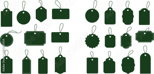 Dark green tag silhouette icons in assorted shapes with string loops for packaging, labeling, and gift design illustration