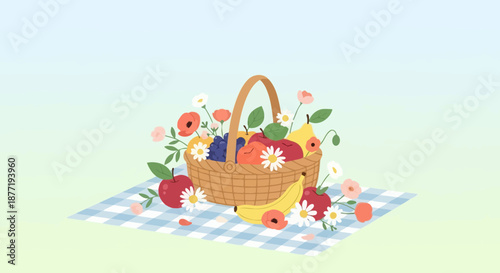 Charming picnic scene featuring a basket brimming with fresh fruits and delicate flowers arranged