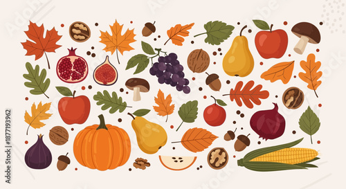 Autumnal harvest abundance a colorful flat vector design featuring seasonal fruits and vegetables