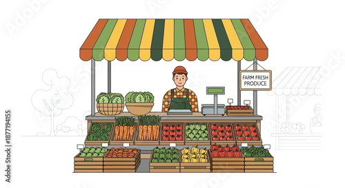 Illustration of a farmer selling fresh produce at a market stall full of vegetables and fruits