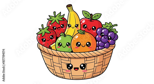 Kawaii fruit basket with smiling fruits, a cartoon illustration for children's books