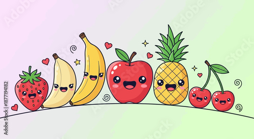 Kawaii Fruit Family: Cute Cartoon Fruits Characters Illustration with Happy Faces and Hearts