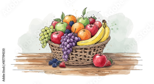 Vibrant watercolor painting of a basket filled with fresh fruits on a wooden table