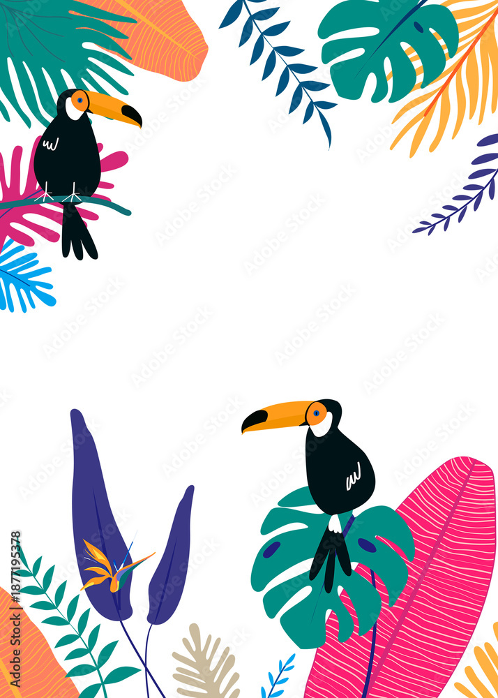 Naklejka premium Colorful botanical frame png with tropical leaves and toucan birds, transparent background