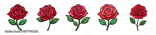 Five cartoon-style red roses with green stems and leaves isolated on a