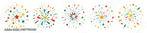 Colorful confetti explosions with stars and abstract shapes on a white