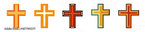 Five stylized Christian crosses with beveled edges on white background