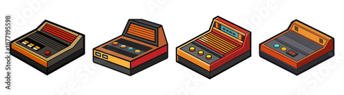 Four isometric retro arcade game consoles with colorful control panels