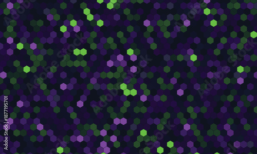 Dynamic abstract hexagonal pattern with blurred purple and green shapes perfect for modern digital backgrounds and technology concepts