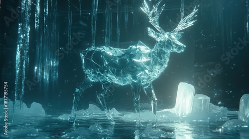 A crystal-like deer stands amidst icy formations, illuminated by a mystical glow, creating a stunning, ethereal atmosphere.