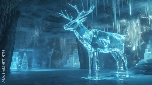 A stunning crystalline deer stands majestically in a shimmering ice cave, surrounded by icicles and a frosted Christmas tree, creating a magical winter atmosphere.