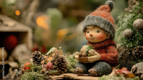 A charming doll in cozy attire holding a small bowl of plants, surrounded by pine cones and festive decorations in a warm, woodland setting.