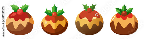 Four festive Christmas puddings decorated with holly, isolated on white.