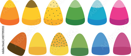 Colorful candy corn illustration set with glossy pastel sweets isolated on white background for Halloween dessert design branding