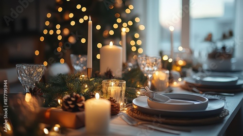 A beautifully arranged dining table adorned with candles, festive decorations, and twinkling lights, creating a warm, inviting atmosphere for a celebration.