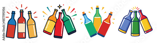 Vibrant graphic design of celebratory bottles on white