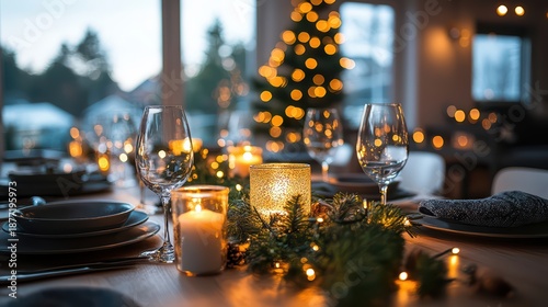A beautifully decorated dining table with candles, glasses, and festive lights, set for a cozy holiday gathering.