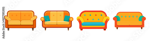 Four vibrant and colorful modern sofa designs on white background