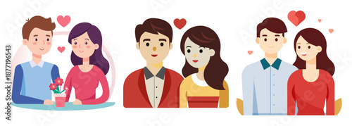 Three cartoon couples smiling with hearts on a clean white background