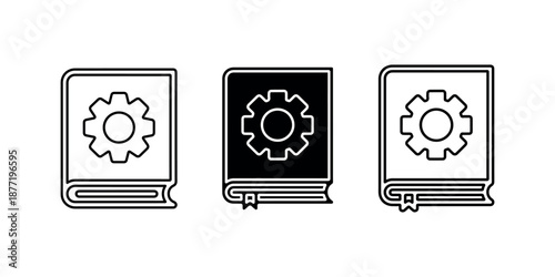 Instruction manual book icon set with gear sign on cover page and bookmark elements for technical documentation user guide booklet and service handbook