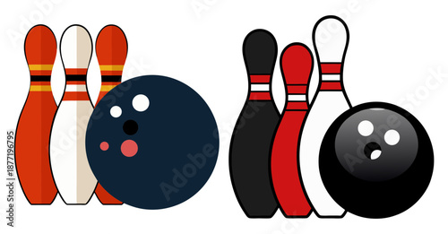 Two Distinct Bowling Pin and Ball Illustrations on White