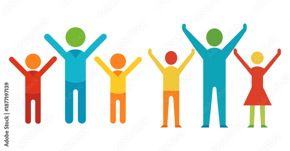 Fototapeta premium Diverse group of colorful stylized people with raised arms on white