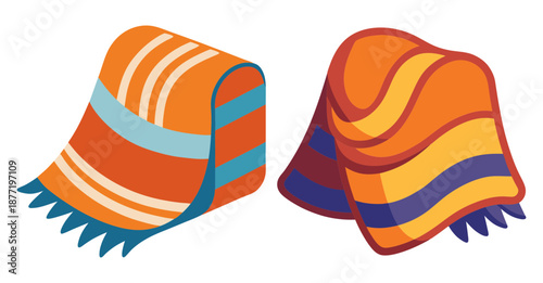 Pair of vibrant graphic folded striped towels with fringes on white