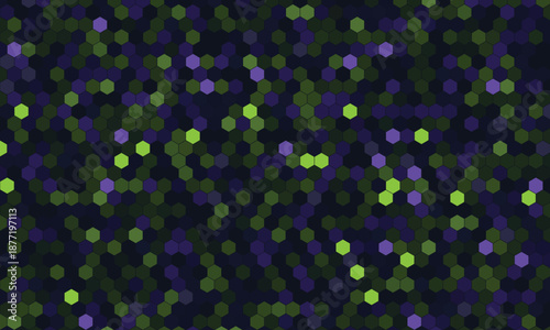 Digital abstract background with a vibrant hexagonal pattern featuring green and purple elements for modern technology and data visualization