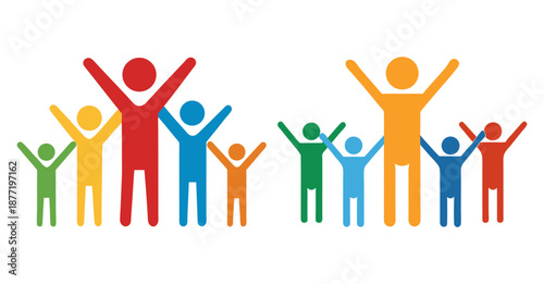 Vibrant stick figure families with arms raised, celebrating on a white