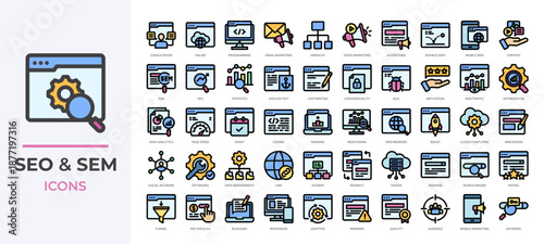 SEO and SEM icons set collection illustrating optimization, marketing, analytics, web ranking and more. Ideal for digital marketing, website dashboards, content promotion projects and more.