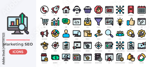 Marketing and SEO icons set collection including analytics, keywords, content, ads, optimization tools and more. Perfect for digital marketing, web design, online business projects and more.
