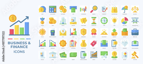 Business and finance icons set collection, featuring banking, investment, accounting, payments, growth, contracts, and corporate communication for web, app, and marketing use.