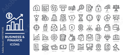 Business and finance icons set collection, featuring banking, investment, accounting, payments, growth, contracts, and corporate communication for web, app, and marketing use.