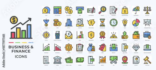 Business and finance icons set collection, featuring banking, investment, accounting, payments, growth, contracts, and corporate communication for web, app, and marketing use.