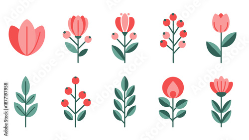 Watercolor Floral Pattern with Pink Tulip-Inspired Blossoms and Green Leaves.