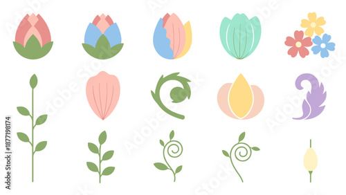Assorted floral buds, petals and greenery arranged in a soft pastel garden motif.