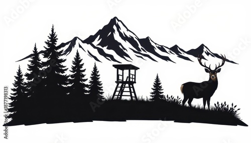 Scenic silhouette of a deer, mountains, trees and a hunting tower in nature, minimalist design for decor