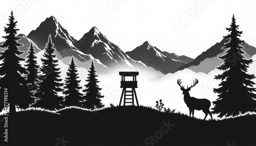 Serene Mountain Landscape with Silhouette of Deer and Watchtower amidst Majestic Pine Trees and Peaks