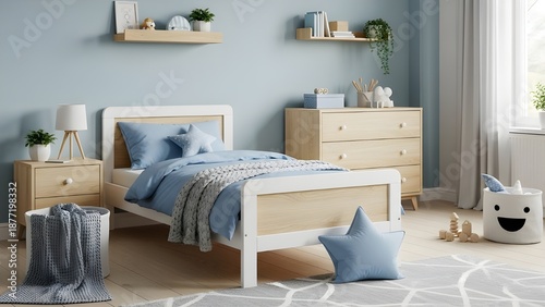 Scandinavian-style bedroom for boys with blue pillows and blankets on the bed